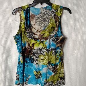 Source Unknown Blue & Green Floral Scoop Neck Sleeveless Top
